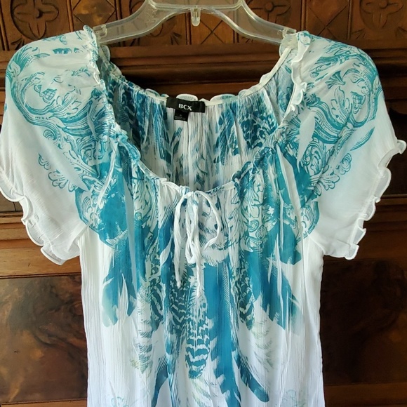 BCX Peasant Style Blue/Turquoise & White Print Short Sleeve Top S - Picture 2 of 7